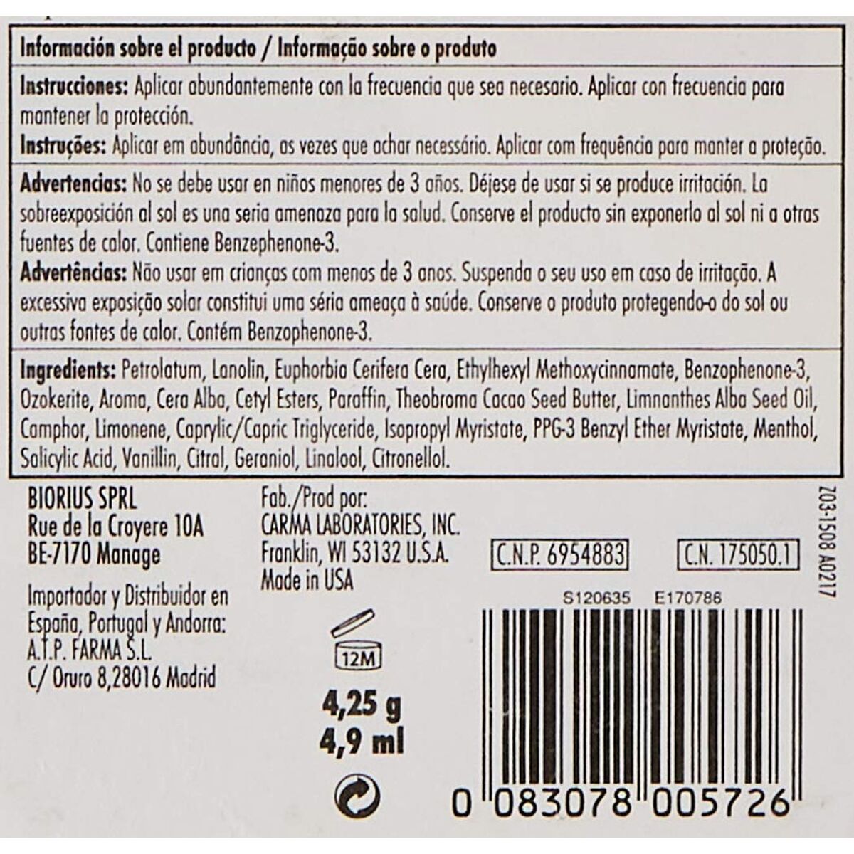 Vochtinbrengende Lip Balsem Carmex COS 012 Spf 15 Stick