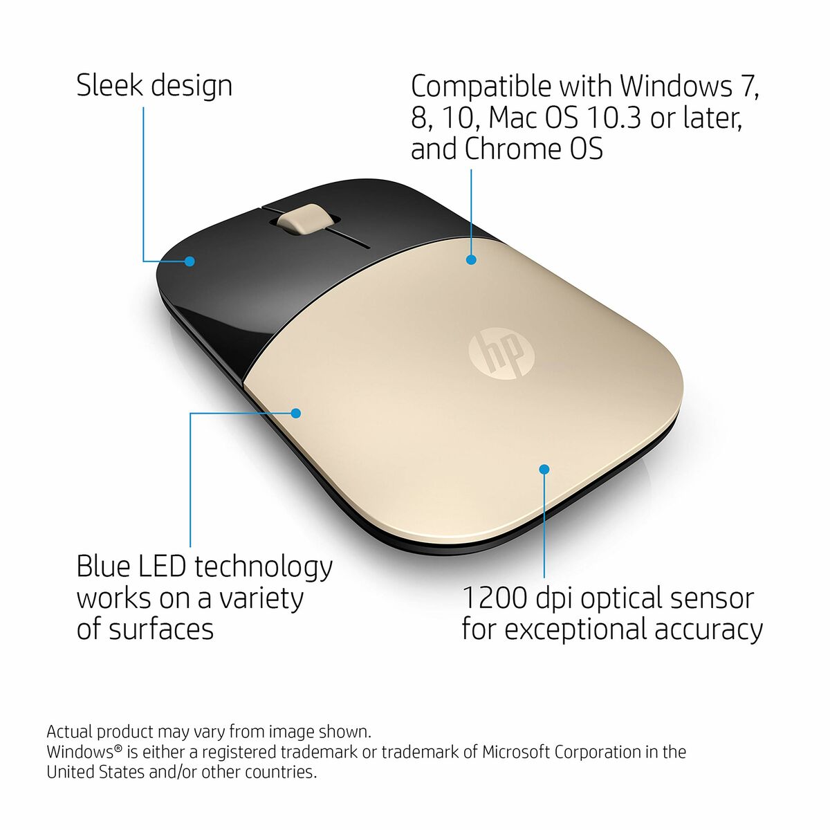 Afbeeldingen van Wireless Mouse HP X7Q43AA Golden 1200 DPI