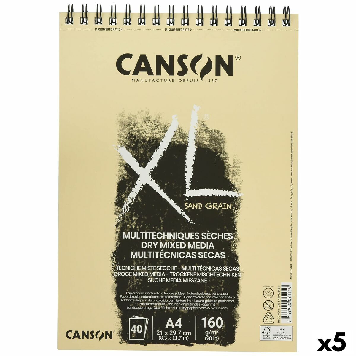 Bloc-notes Canson XL Sand Naturel A4 40 Volets 160 g/m2 5 Unités