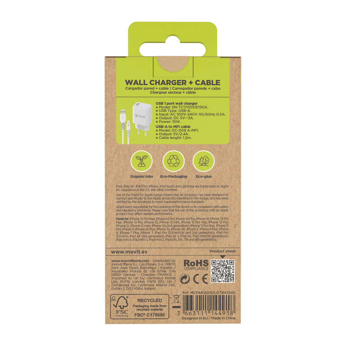 Bild von Wandladegerät + USB A zu USB-C-Kabel Muvit for Change Weiß 12 W