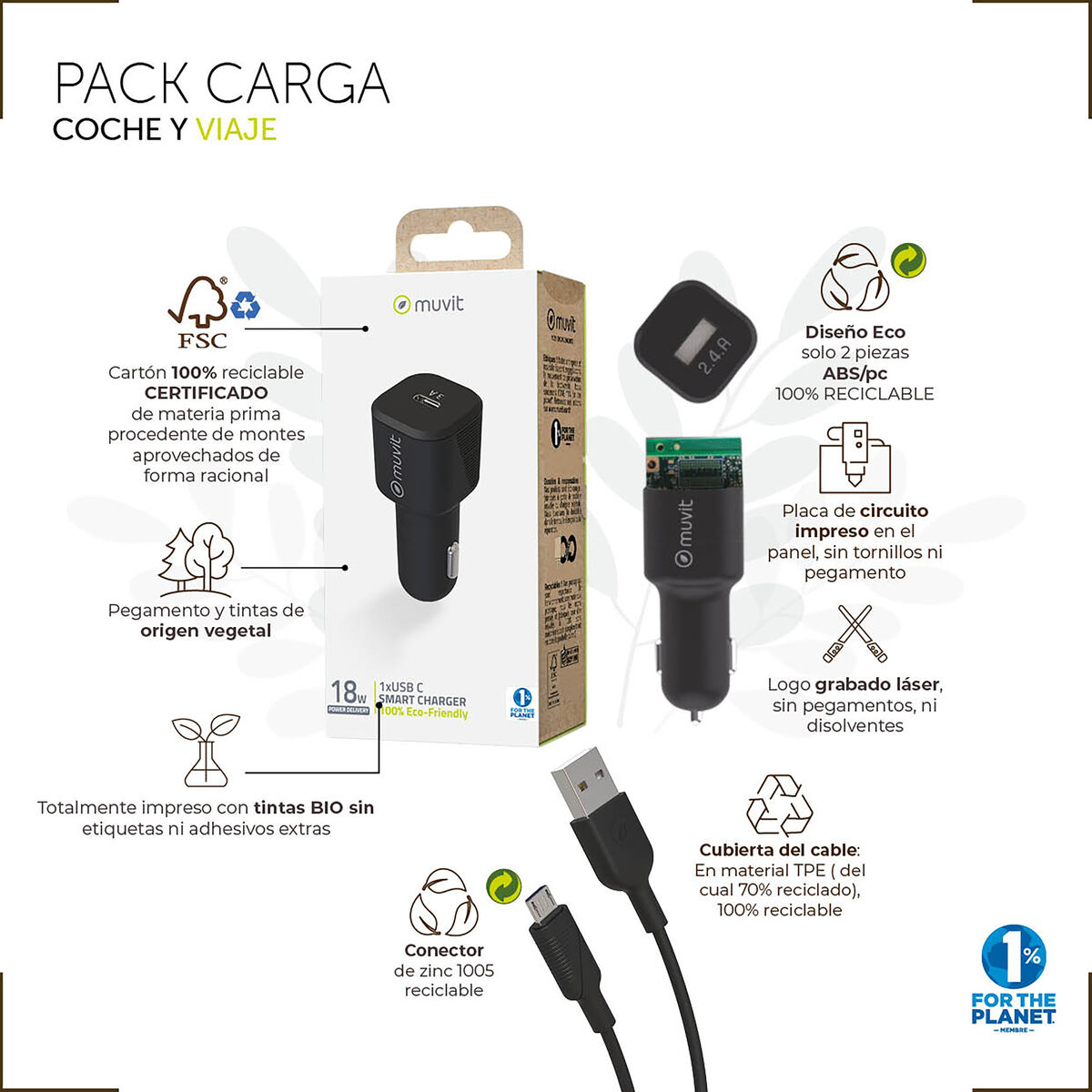Electric car charger Muvit 1,2 m Black