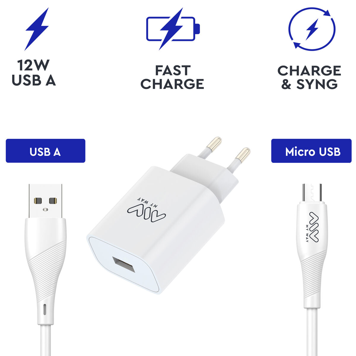 Picture of Wall Charger + USB A to USB-C Cable Myway White 12 W