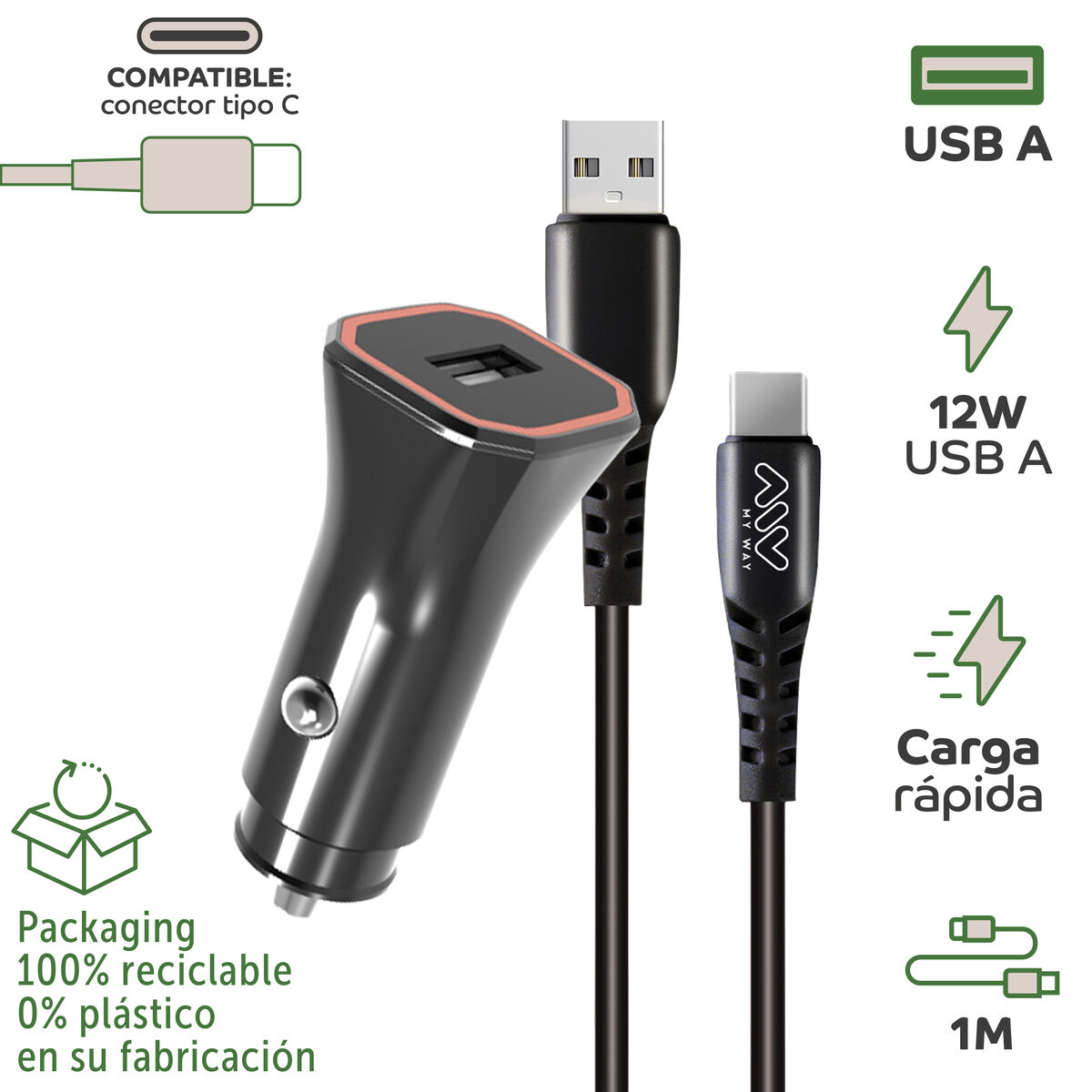 Obrazek Car Charger Myway 1,2 m Black