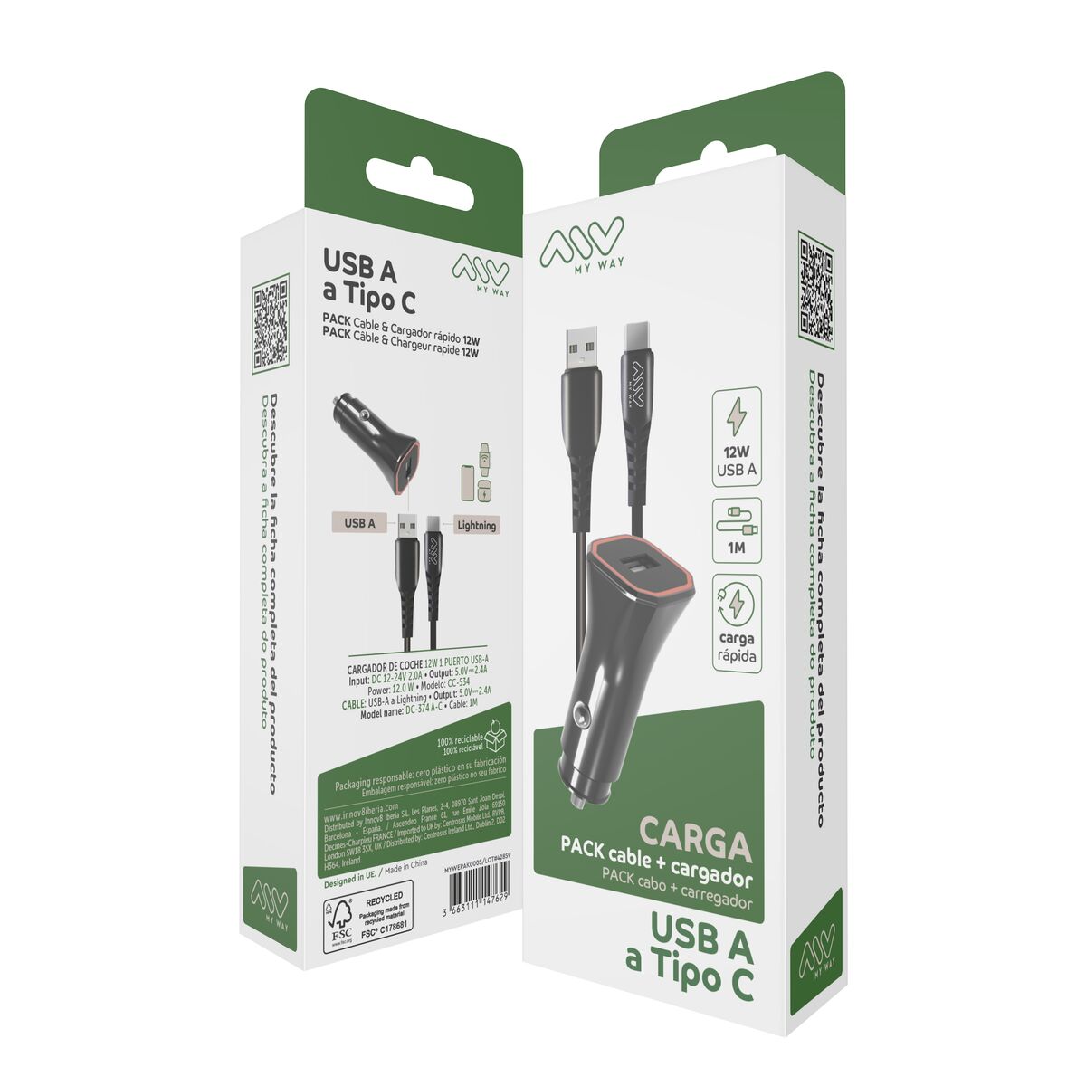 Obrazek Car Charger Myway 1,2 m Black