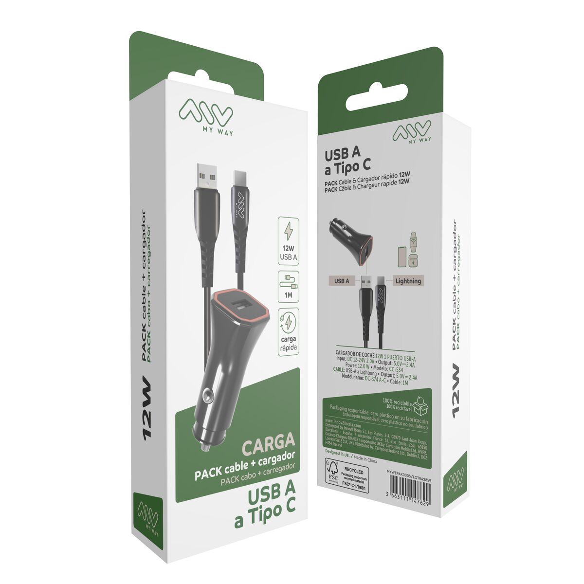 Obrazek Car Charger Myway 1,2 m Black