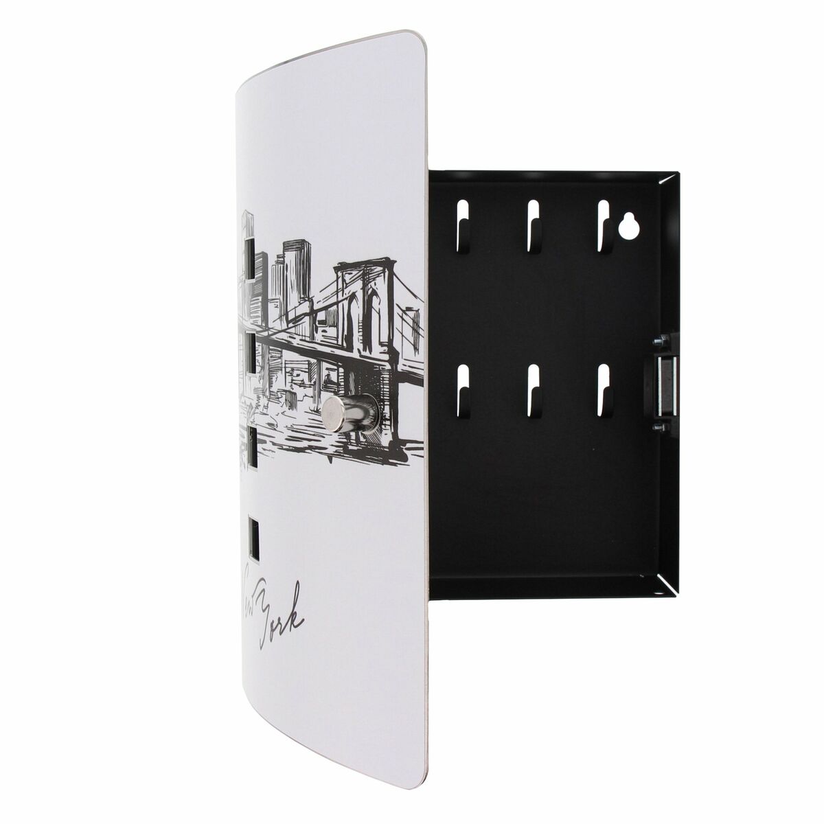 BURG-WÄCHTER 6204/10 Ni Skyline NY Key Box With Motif, 10 Hooks, Stainless Steel Door With 90° Opening Angle And Magnetic Closure, Black/Stainless Steel