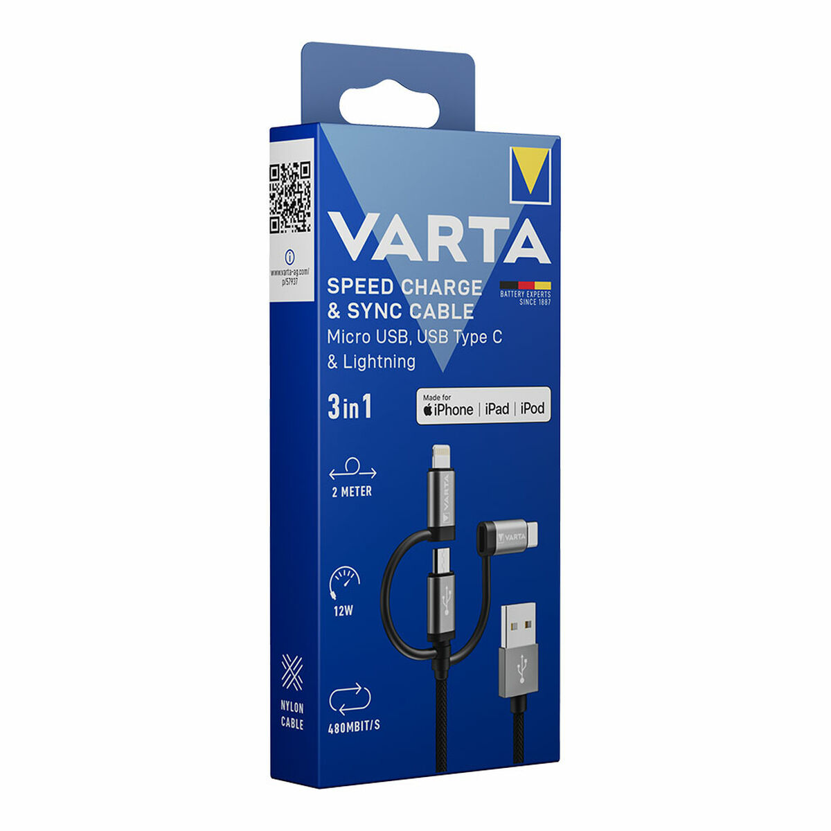 Câble USB Varta 2 m Noir 3-en-1 USB-C Micro USB Lightning