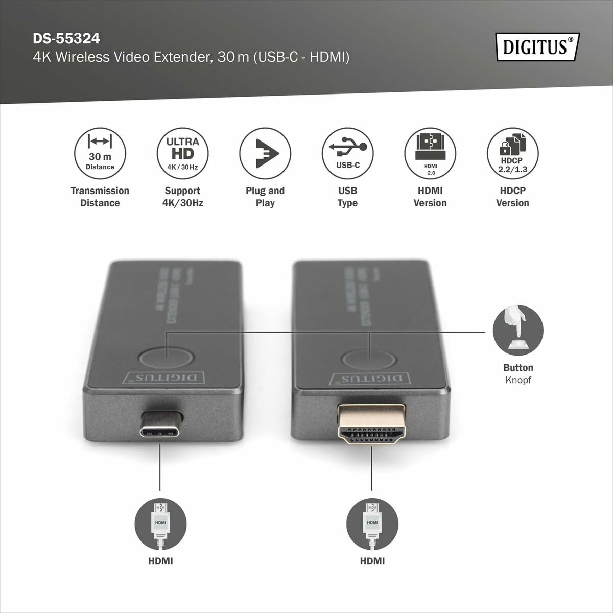 Afbeeldingen van HDMI Cable Digitus by Assmann 30M (USB-C - HDMI)