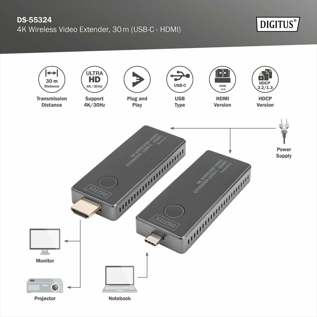 Afbeeldingen van HDMI Cable Digitus by Assmann 30M (USB-C - HDMI)