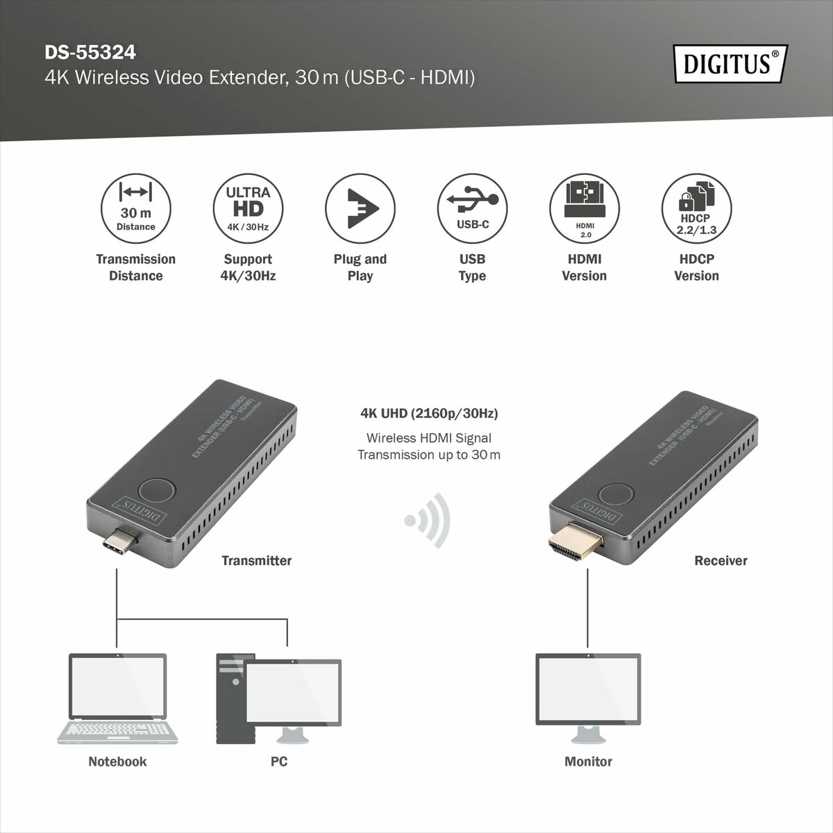 Afbeeldingen van HDMI Cable Digitus by Assmann 30M (USB-C - HDMI)