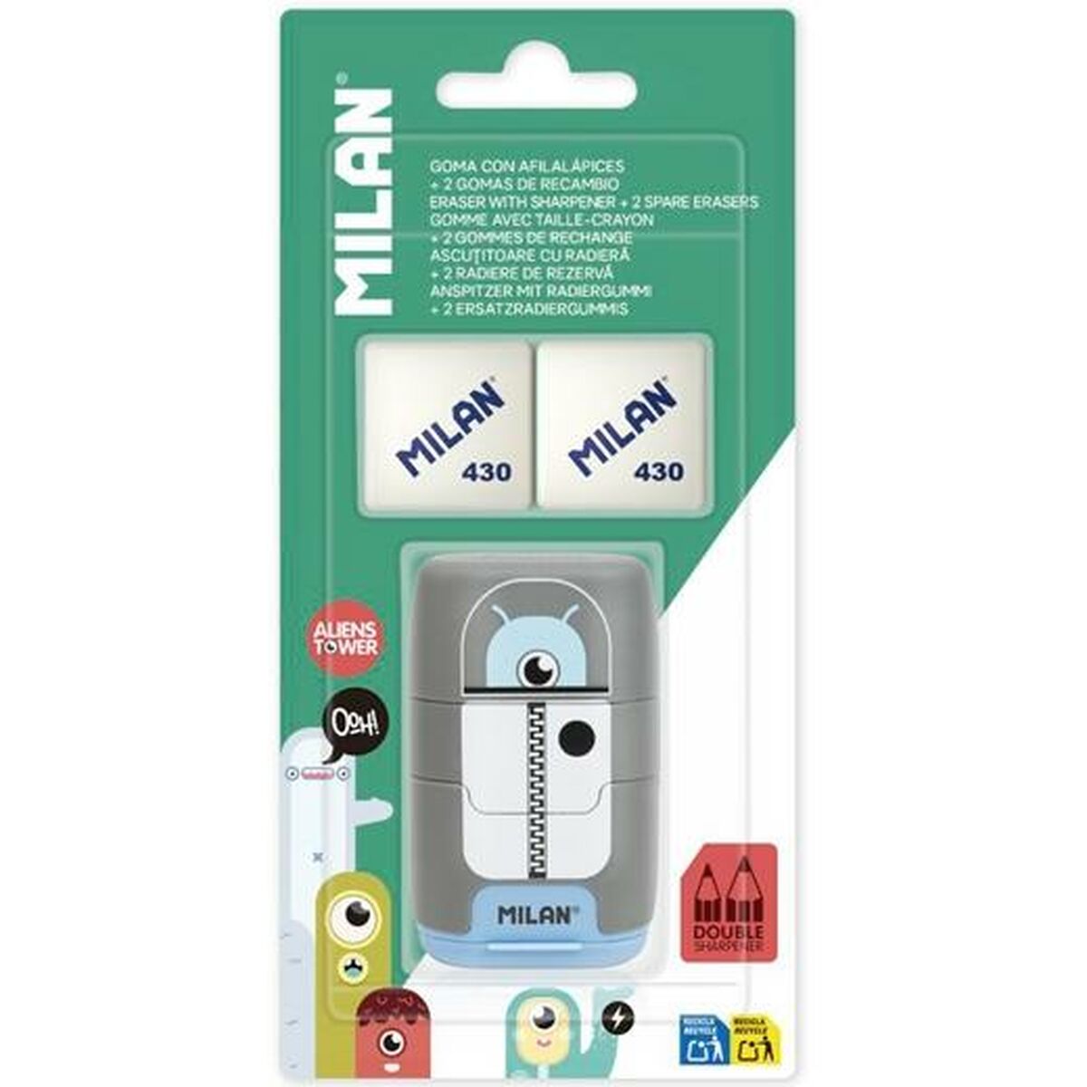 Image secondaire de Ensemble Gomme et Taille-Crayon Milan COMPACT ALIENS Multicouleur 3 Pièces (12 Unités)