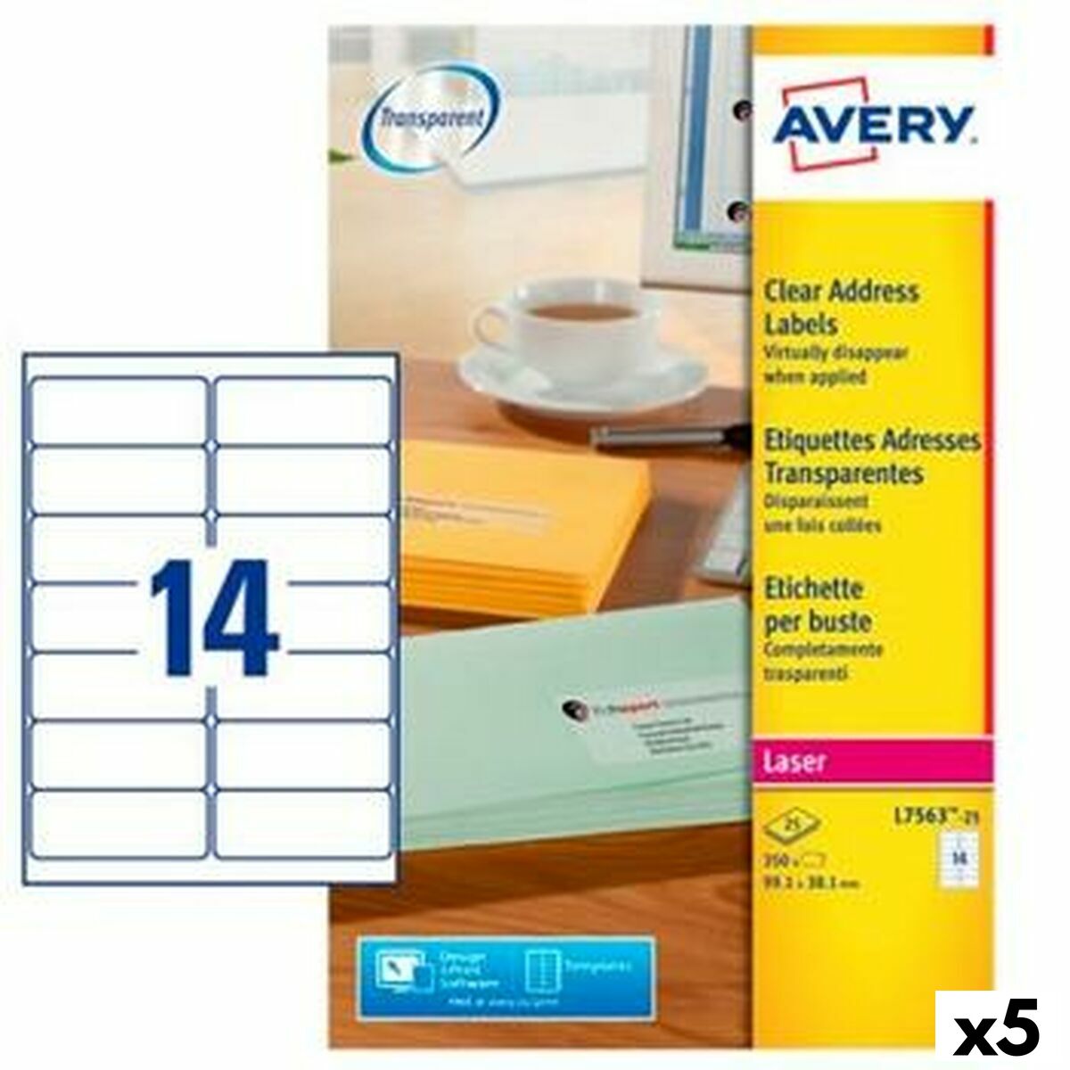 Etiquettes pour Imprimante Avery L7563 99,1 x 38,1 mm Transparent 25 Volets (5 Unités)