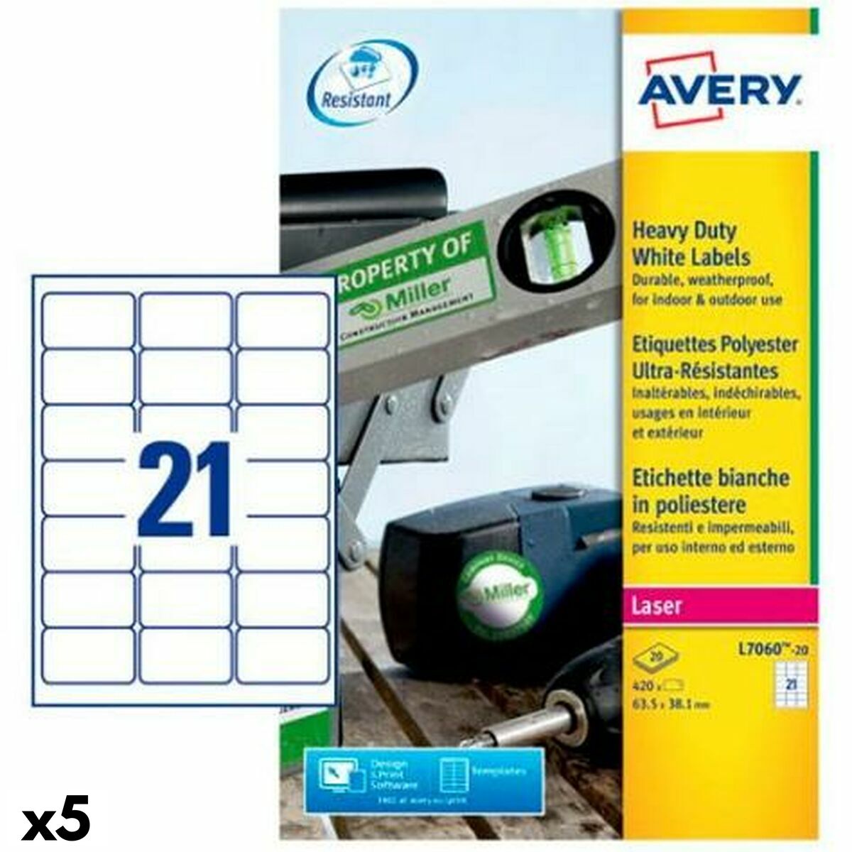 Etiquettes pour Imprimante Avery Blanc 20 Volets 63,5 x 38,1 mm (5 Unités)