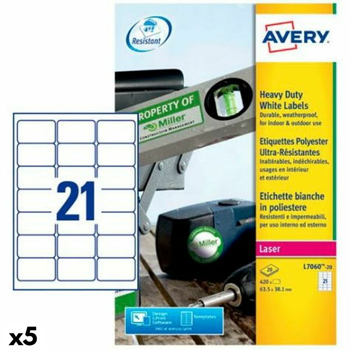 Afbeeldingen van Printer Labels Avery White 20 Sheets 63,5 x 38,1 mm (5 Units)