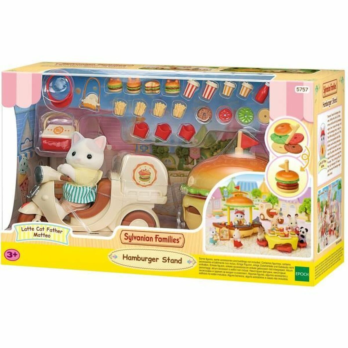 Αξεσουάρ για το Σπίτι Κουκλών Sylvanian Families Puesto de hamburguesas - Papa Latte Cat y Scooter 30 Τεμάχια