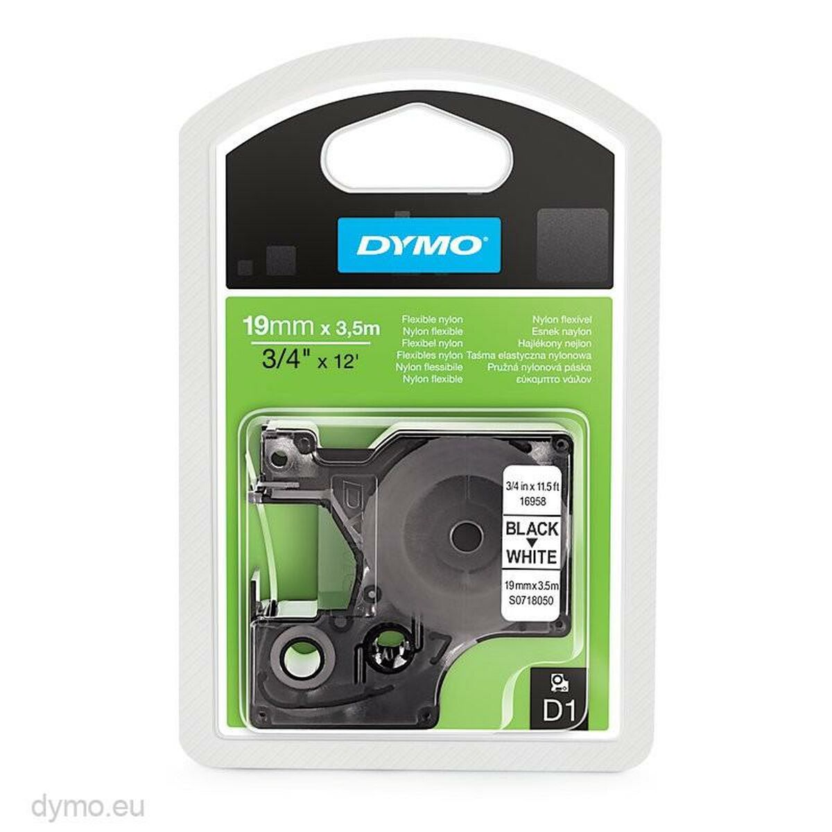 Afbeeldingen van Laminated Tape for Labelling Machines Dymo 16958 White Black 19 mm x 3,5 m