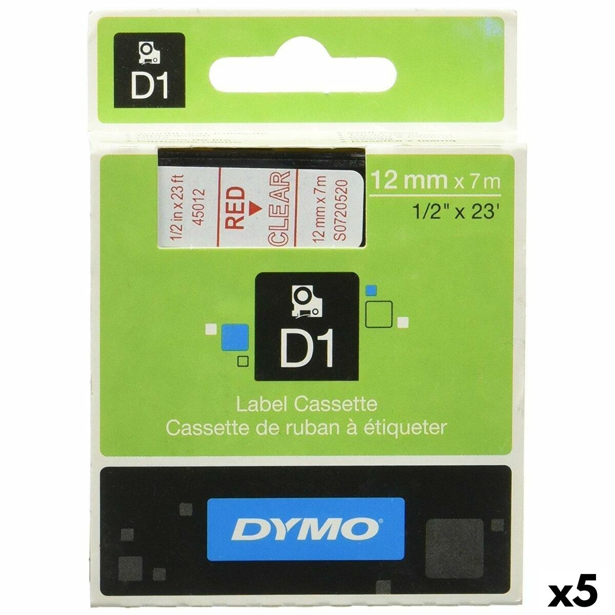 Ruban Laminé pour Etiqueteuses Dymo D1 45012 LabelManager™ Rouge Transparent 12 mm Noir (5 Unités)