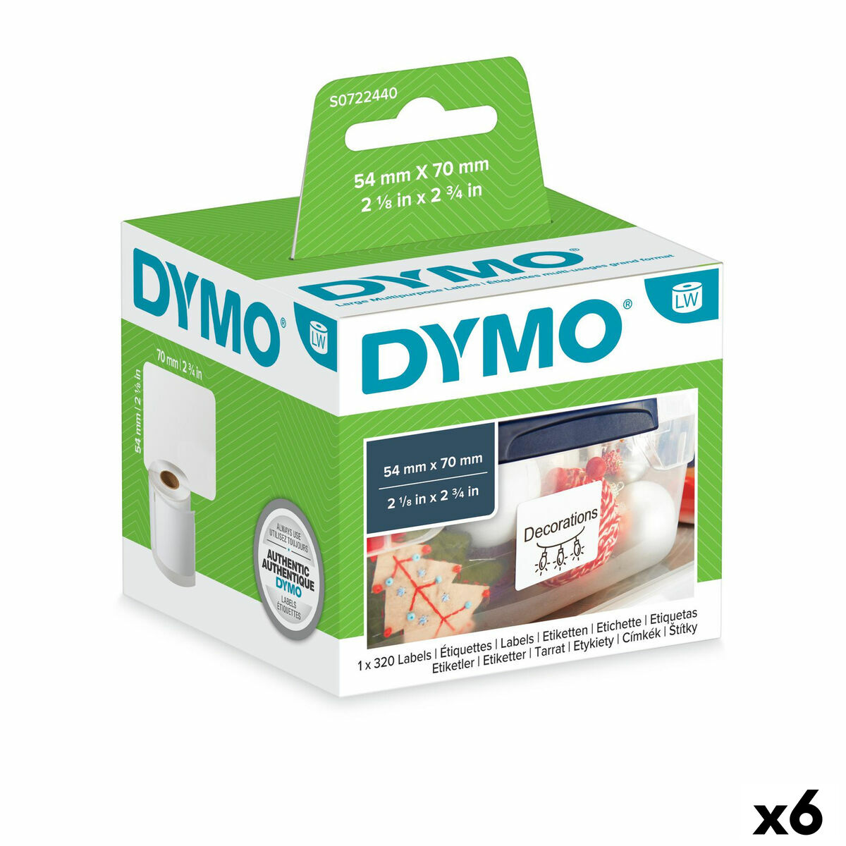 Rouleau d'Étiquettes Dymo S0722440 54 x 70 mm LabelWriter™ Blanc (6 Unités)