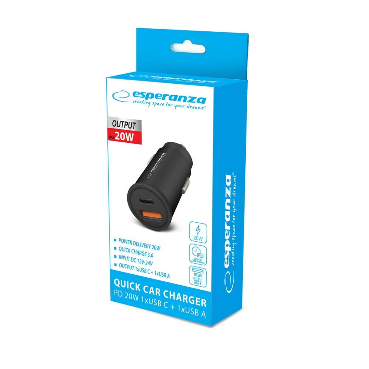 Afbeeldingen van Car Charger Esperanza EZC111K Black 20 W