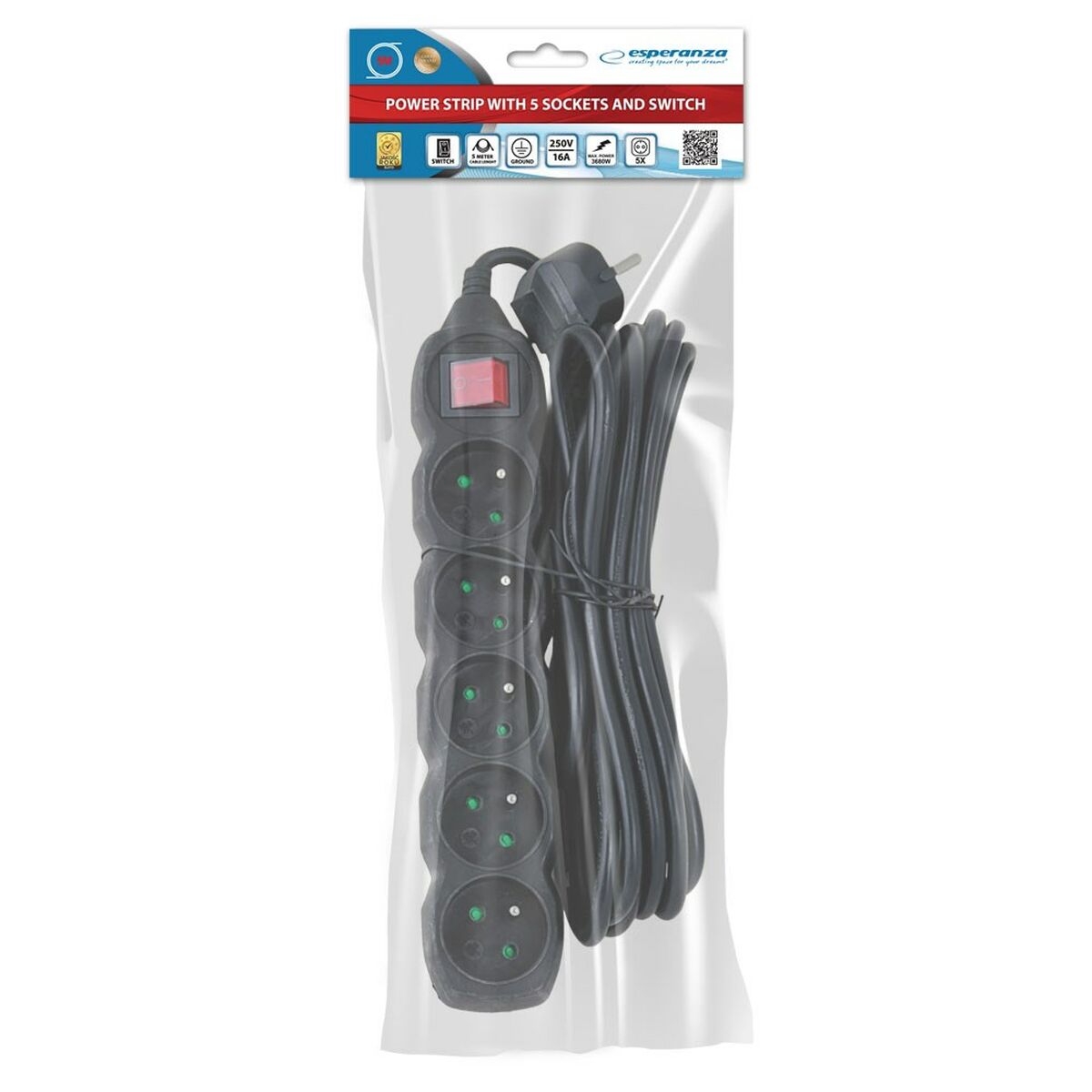 Afbeeldingen van Power Socket - 5 sockets with Switch Esperanza ELK216K 3680 W (5 m)