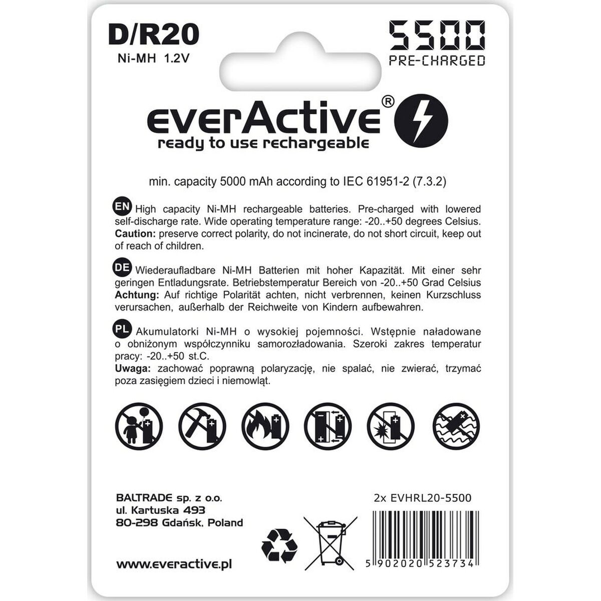 Image secondaire de Batterie rechargeable EverActive EVHRL20-5500 5000 mAh 1,2 V (2 Unités)
