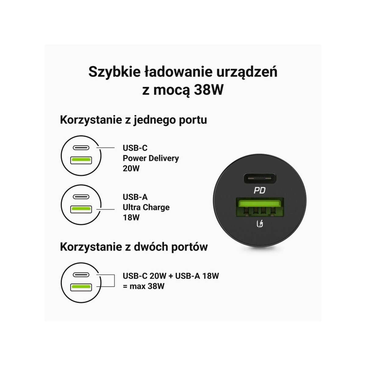 Afbeeldingen van Car Charger Green Cell CADM-GC-38AC Black 38 W