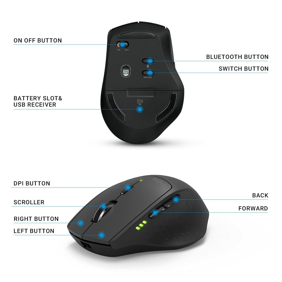 Afbeeldingen van Mouse Rapoo Black Green 1600 dpi