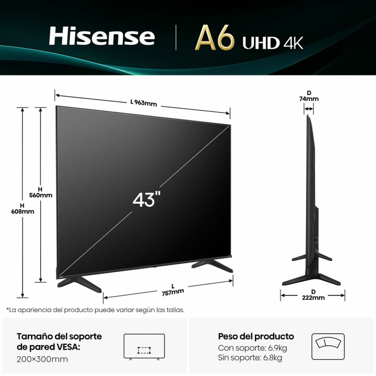 Picture of Smart TV Hisense 43A6Q 4K Ultra HD 43" LED HDR D-LED