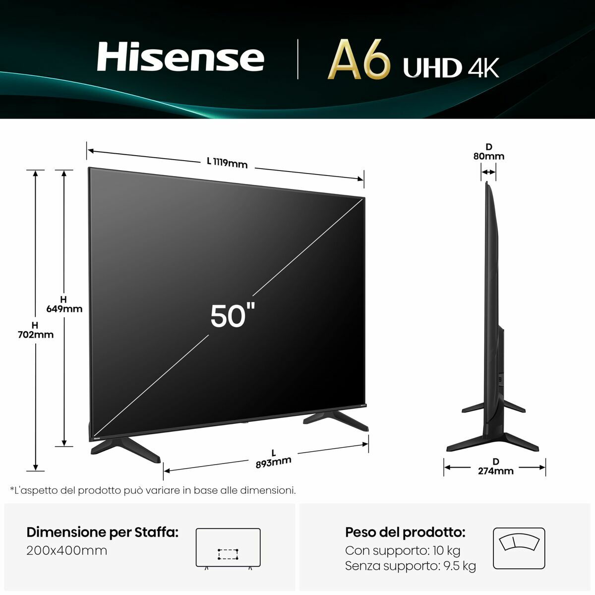Afbeeldingen van Smart TV Hisense 50A6Q 50 50" 4K Ultra HD LED HDR D-LED