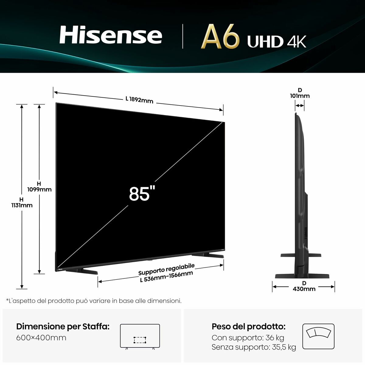 Picture of Smart TV Hisense 85A6Q 85" 4K Ultra HD LED HDR D-LED