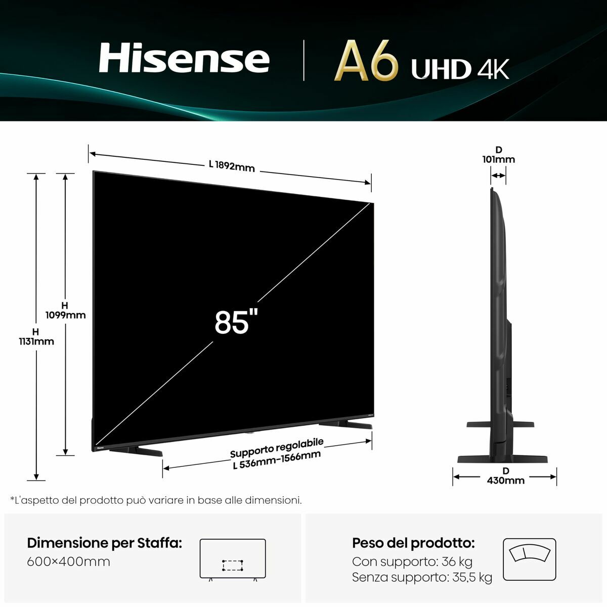 Afbeeldingen van Smart TV Hisense 85A6Q 85" 4K Ultra HD LED HDR D-LED