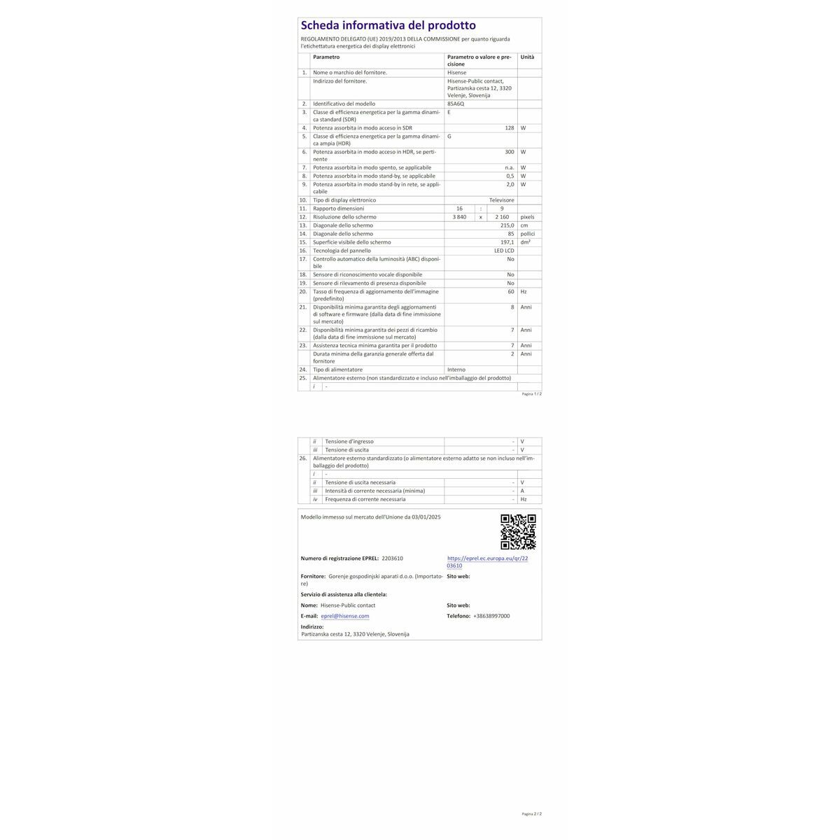 Picture of Smart TV Hisense 85A6Q 85" 4K Ultra HD LED HDR D-LED