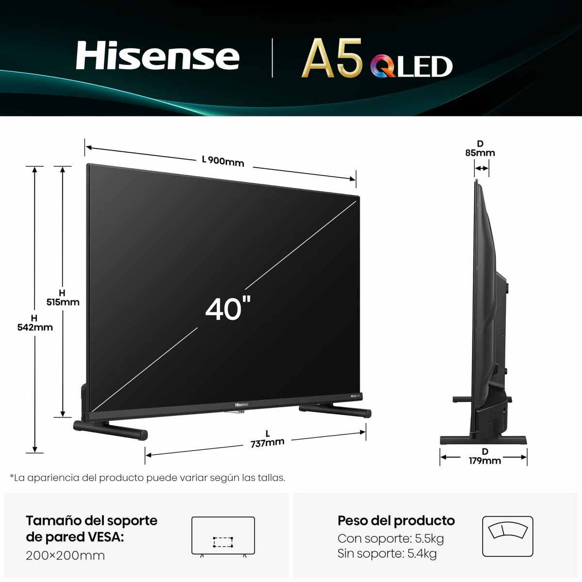 Afbeeldingen van Smart TV Hisense 40A5Q 40" Full HD HDR HDR10 QLED