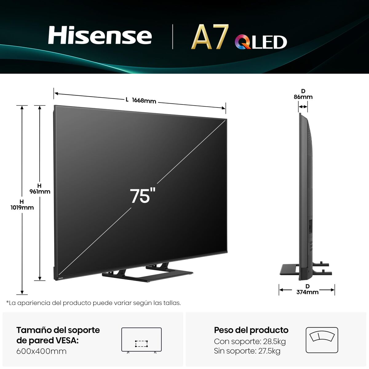 Picture of Smart TV Hisense 75A7K 75" 4K Ultra HD LED HDR D-LED QLED