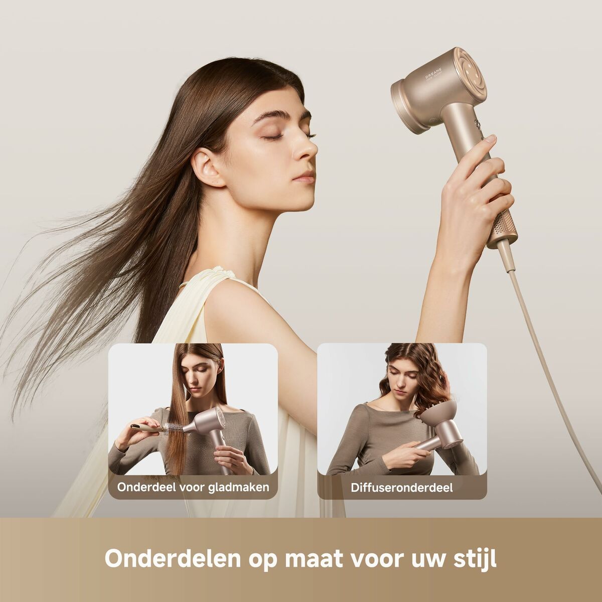 Dreame Föhn Glory Mix 1600W Ionisch, 3 Magnetische Nozzles, Goudkleurig