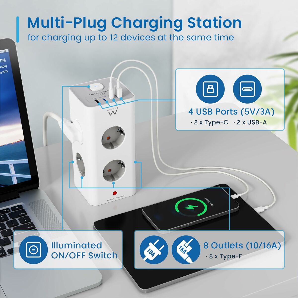 Imagen de Schuko 8 Way Multi-socket Adapter Ewent EW3864 White 3680 W (2 m)