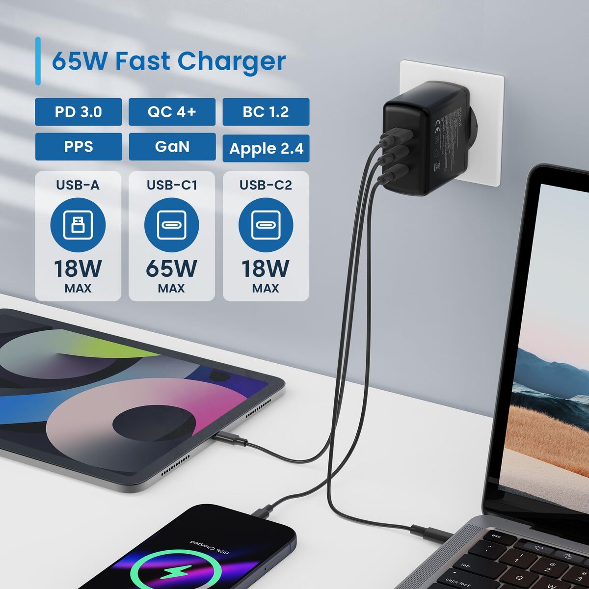 Image de Wall Charger Ewent EW1331 Black 65 W