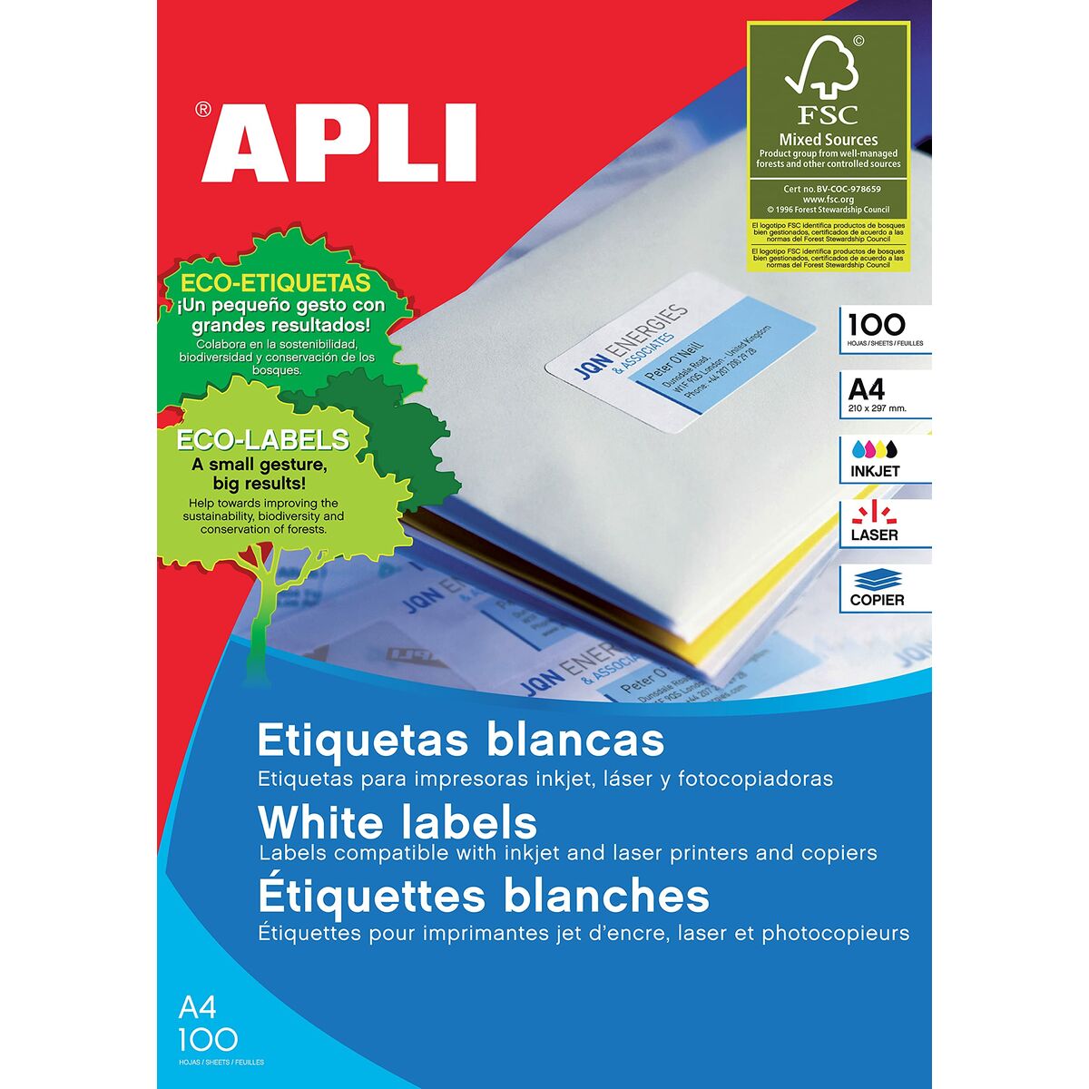 Étiquettes adhésives Apli 210 x 148 mm 100 Volets Blanc