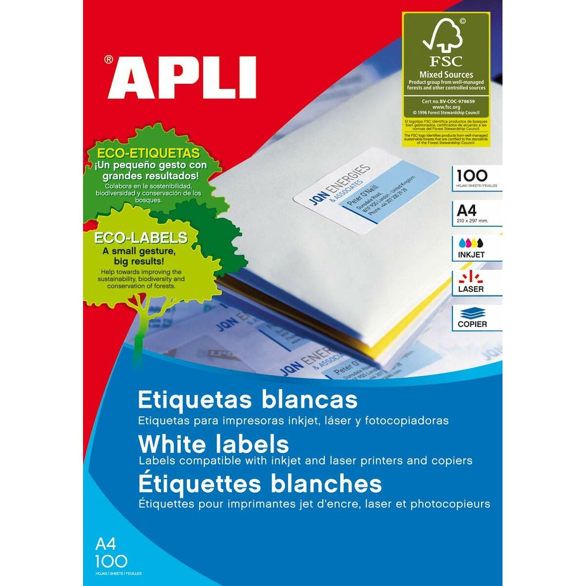 Étiquettes adhésives Apli 1270 70 x 25,4 mm 100 Volets Blanc