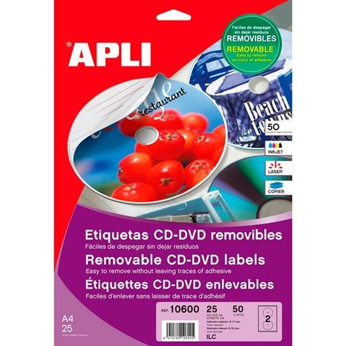 Adhésifs/étiquettes Apli Ø 114 mm Mat CD/DVD Blanc 25 Volets