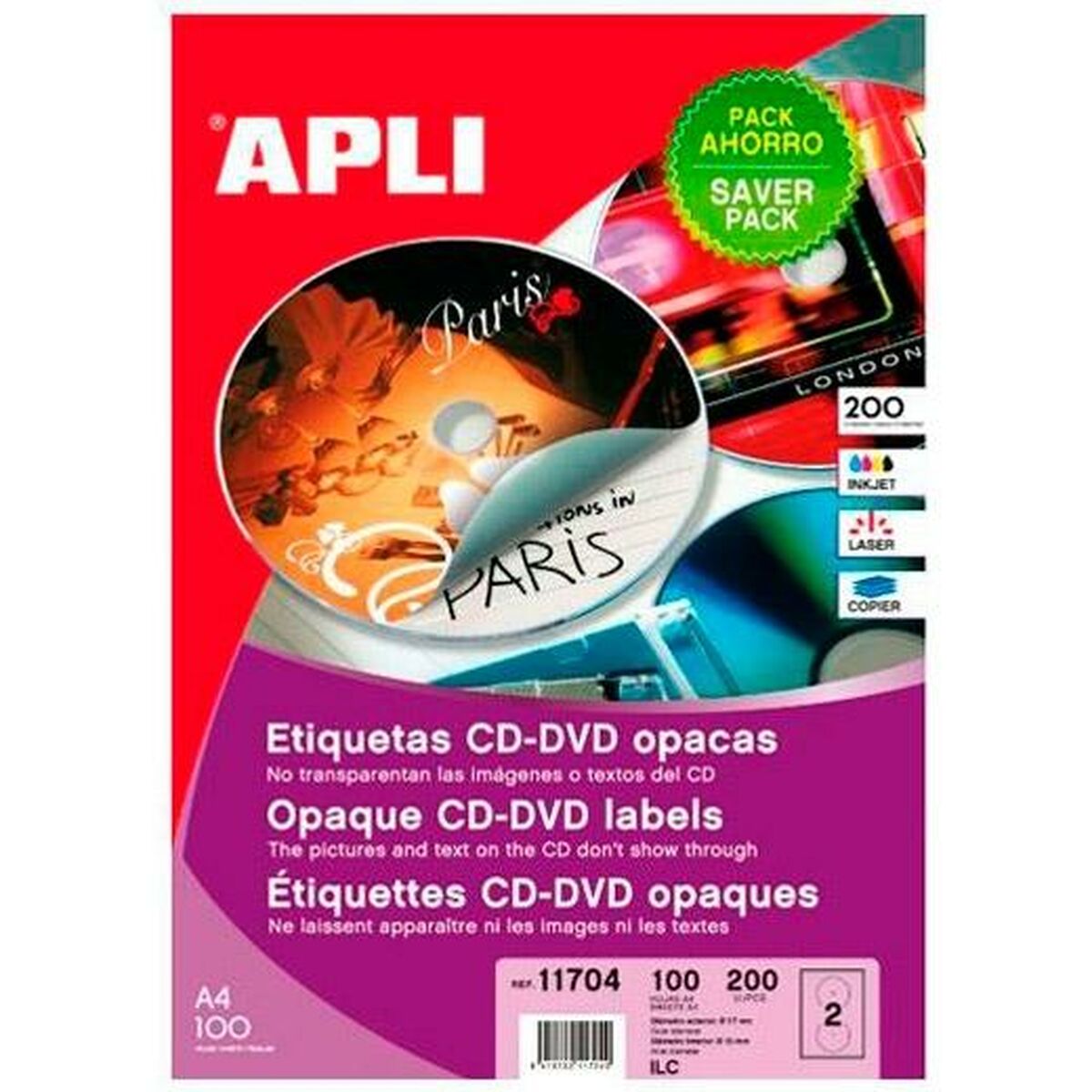 Adhésifs/étiquettes Apli CD/DVD Ø 117 mm Blanc 100 Volets