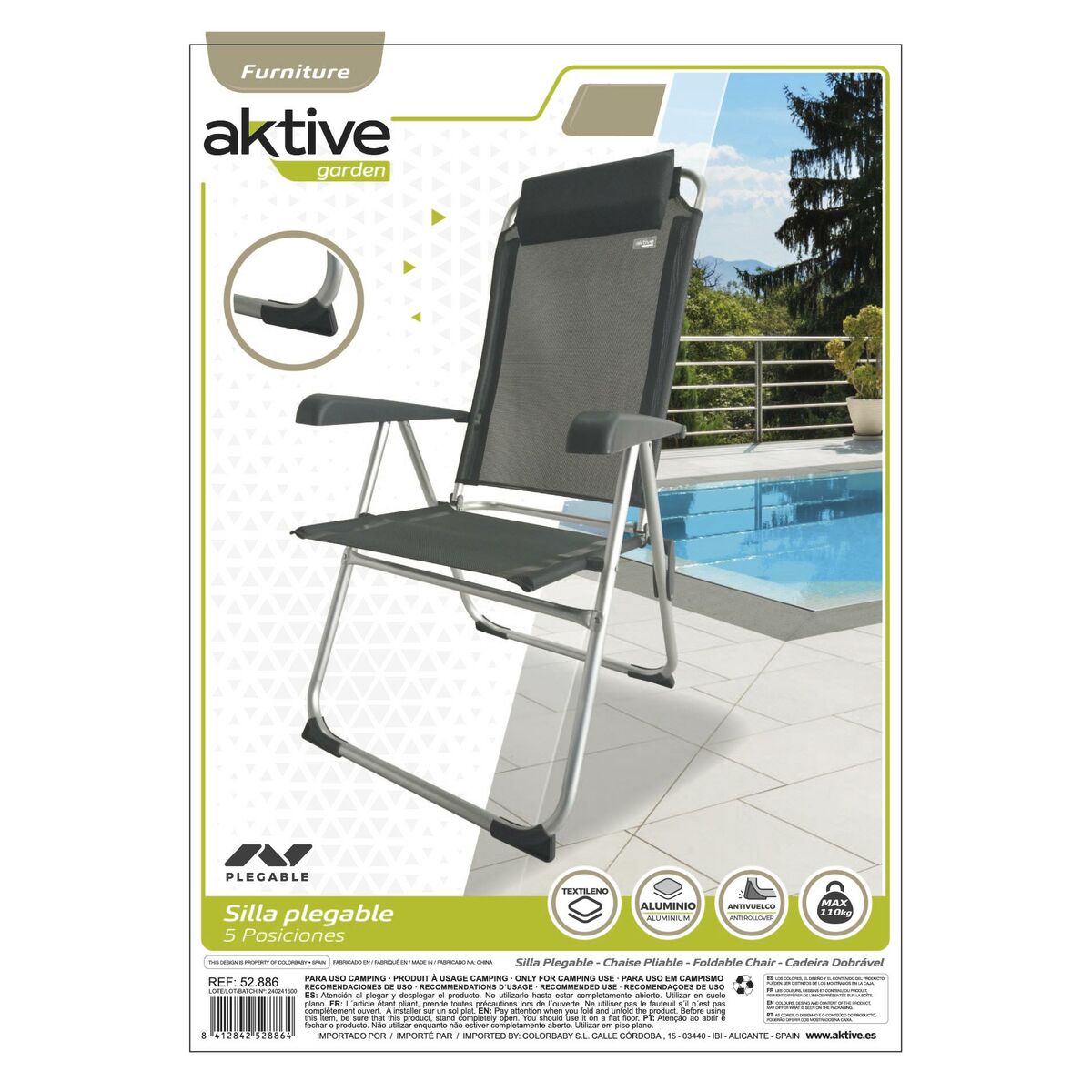 Folding Chair with Headrest Aktive Black 44 x 55 x 101 cm