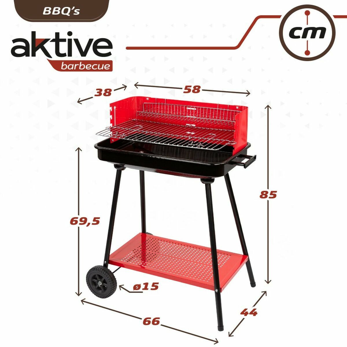Kolenbarbecue met wielen Aktive Staal Plastic 66 x 44 x 85 cm Rechthoekig Rood