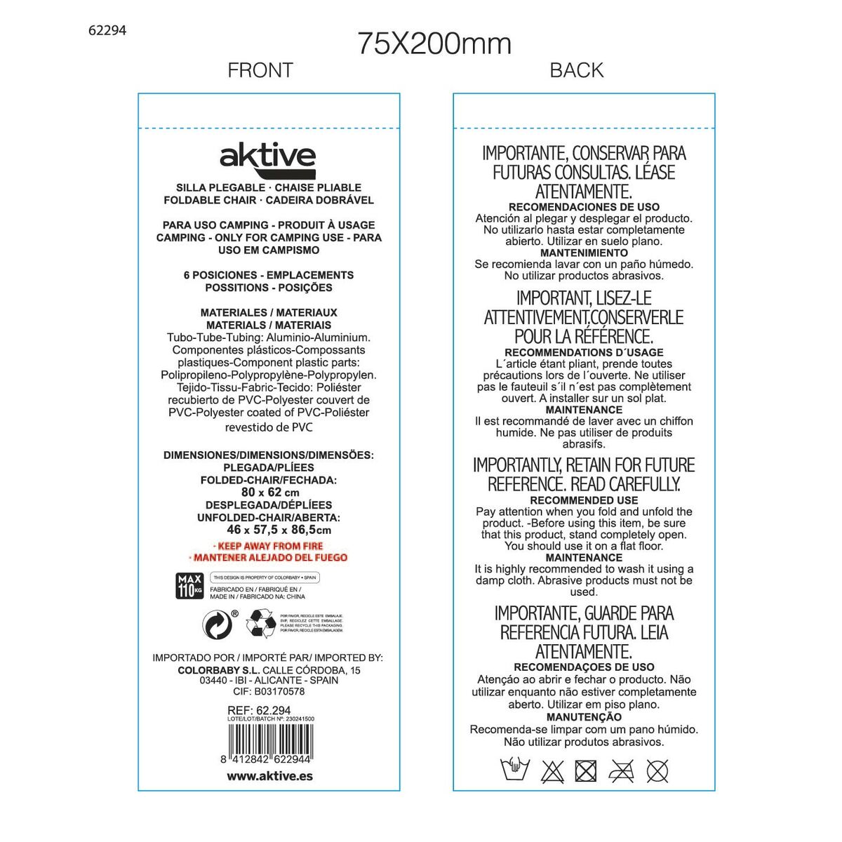 Folding Chair Aktive 47 x 57 x 89 cm