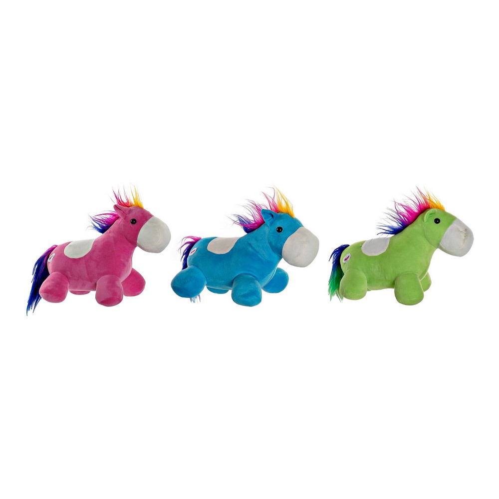 Fluffy toy DKD Home Decor Blue Green Pink Polyester Horse (3 pcs) (33 x 20 x 26 cm)
