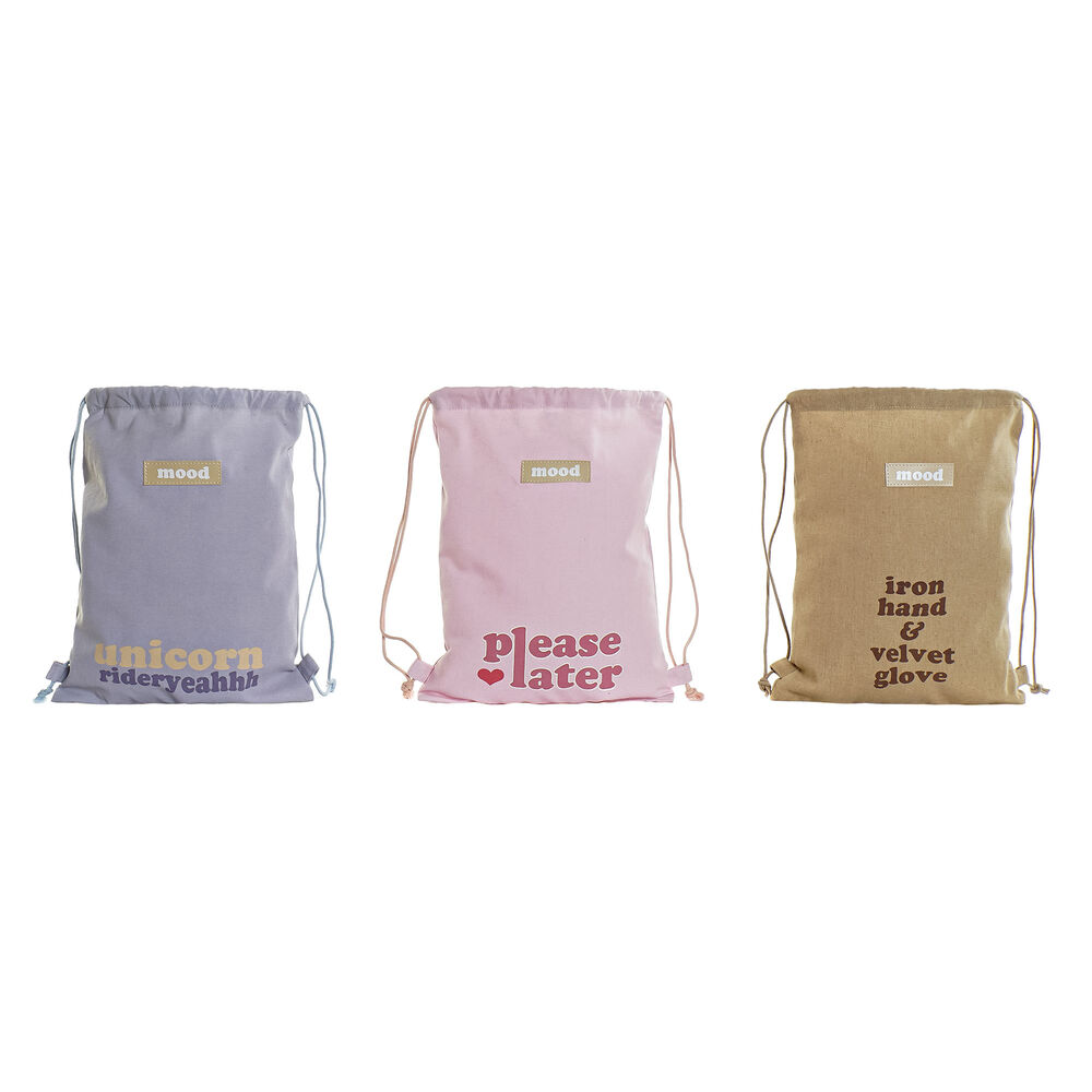Backpack with Strings DKD Home Decor Canvas Blue Pink Brown Polyester (3 pcs)