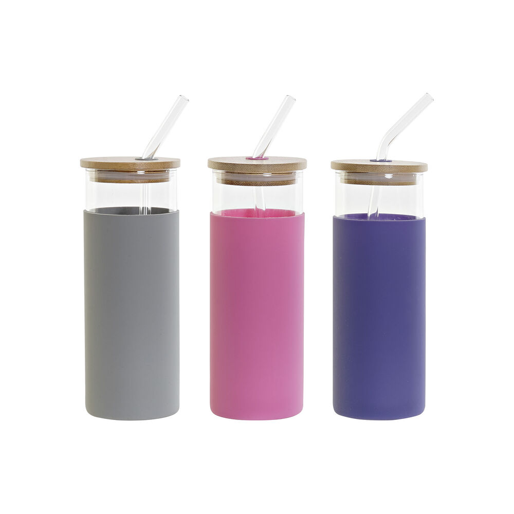 Bottle DKD Home Decor Grey Pink Navy Blue Bamboo Borosilicate Glass (3 pcs) (450 ml)