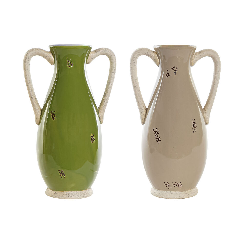 Vase DKD Home Decor Porcelaine Beige Vert Shabby Chic (16.5 x 12 x 28 cm) (2 pcs)