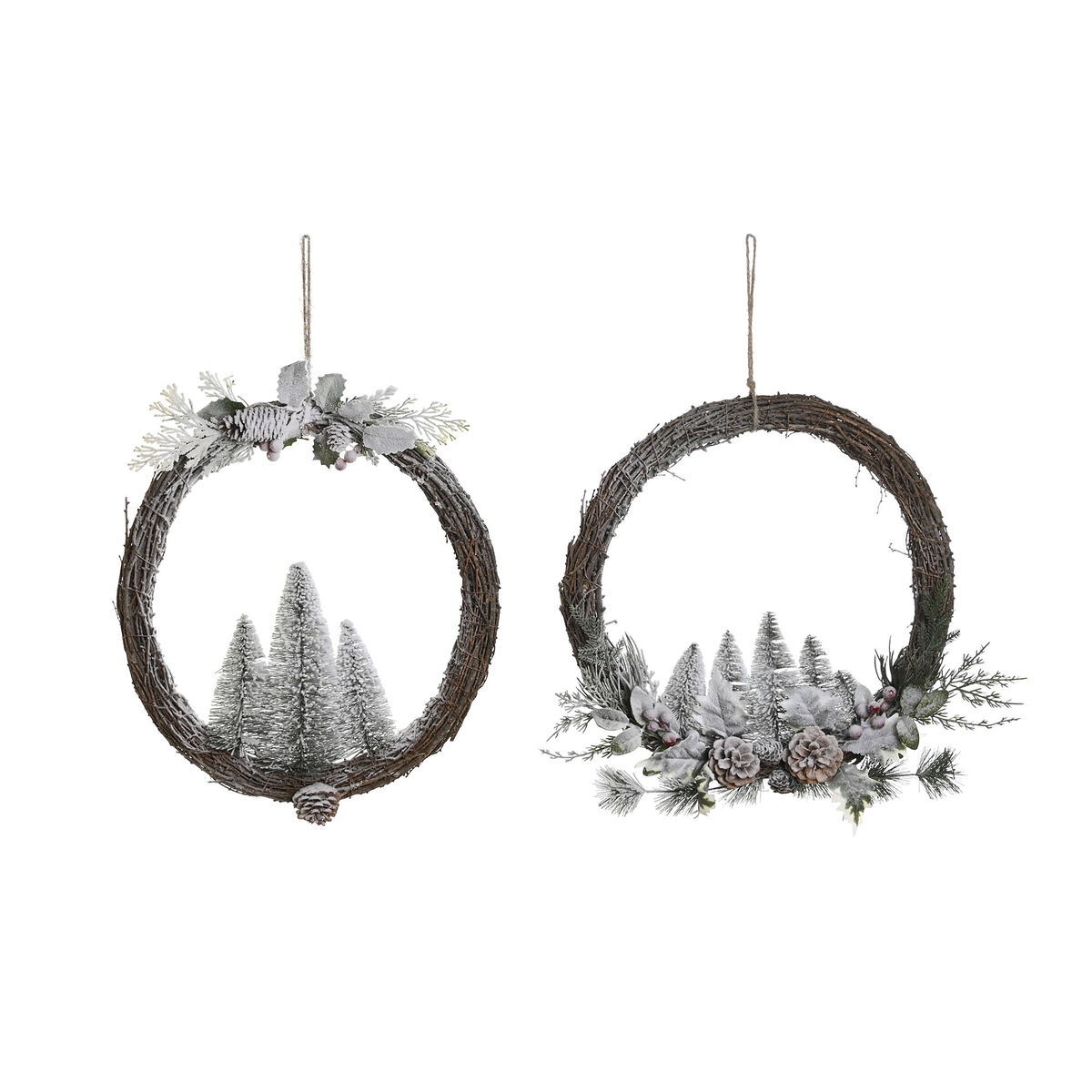 Couronne de Noël DKD Home Decor Naturel osier Ananas Enneigé 46 x 7 x 46 cm (2 Unités)