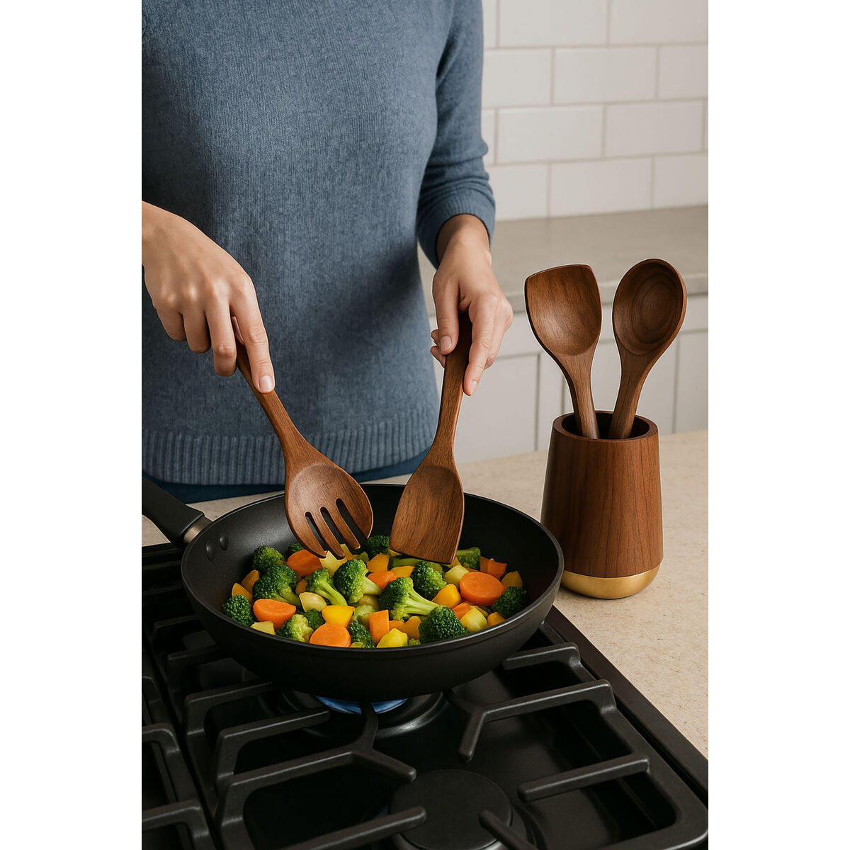Pot for Kitchen Utensils Home ESPRIT Stainless steel Acacia 13 x 13 x 16,5 cm 4 Pieces, view 2